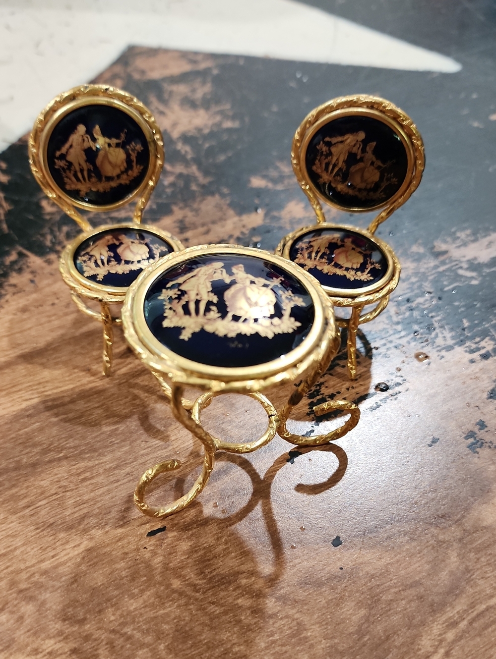 Vintage Limoges France Miniature Table & Chairs Cobalt Blue Gold 3 Pc Set